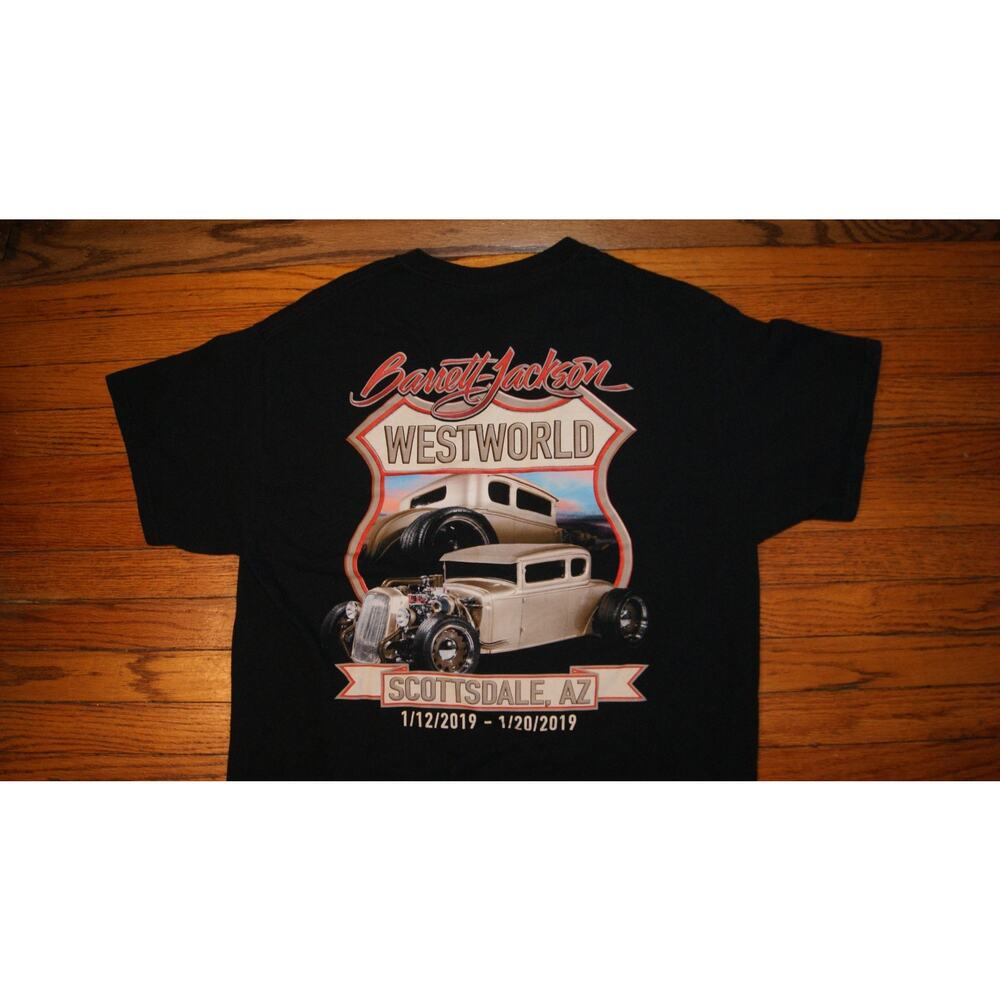 Barrett Jackson Mens Black Large T-Shirt Westworld 2019 Arizona Hotrod Graphic